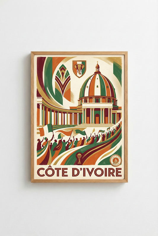 Affiche Art Déco Côte d'Ivoire - CAN 2025 - Basilique Notre-Dame de la Paix