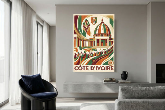 Affiche Art Déco Côte d'Ivoire - CAN 2025 - Basilique Notre-Dame de la Paix