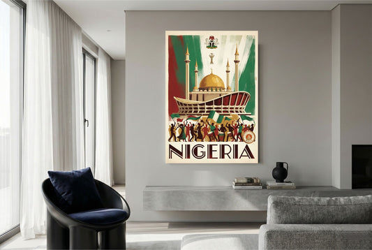Affiche Art Déco Nigeria - CAN 2025 - Mosquée Nationale & Théâtre National